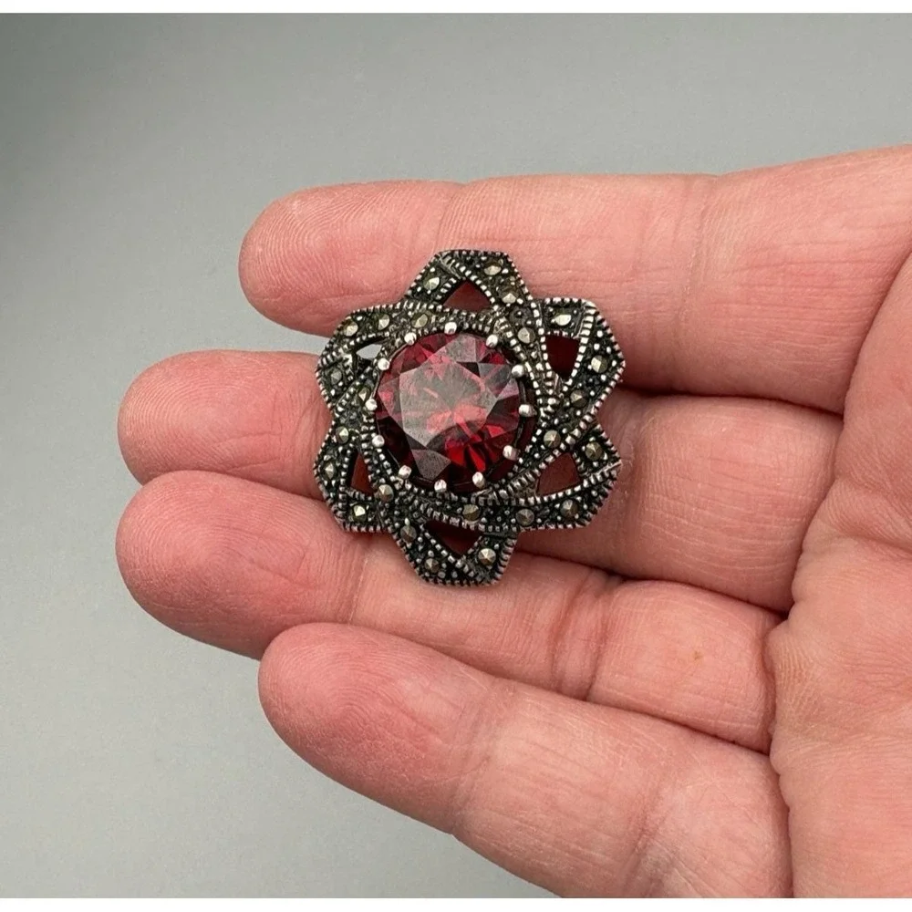 Vintage Sterling Silver Flower Pin Marcasite Red Glass Star Statement